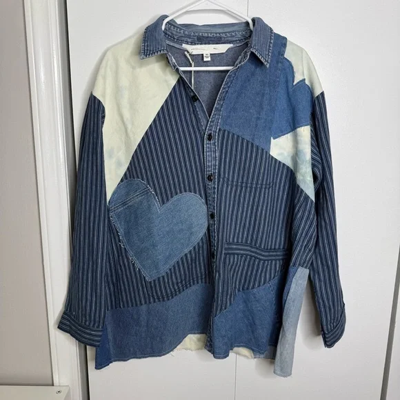 Free People X Tricia Fix Heart Appliqué Shirt Denim 100% cotton - XS NWT - Picture 4 of 11